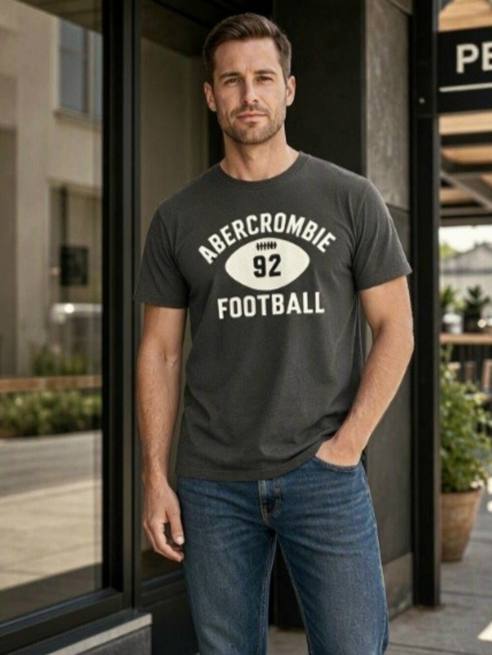 Abercrombie & Fitch Charcoal Gray Graphic '92 Football Short Sleeve Tee XL